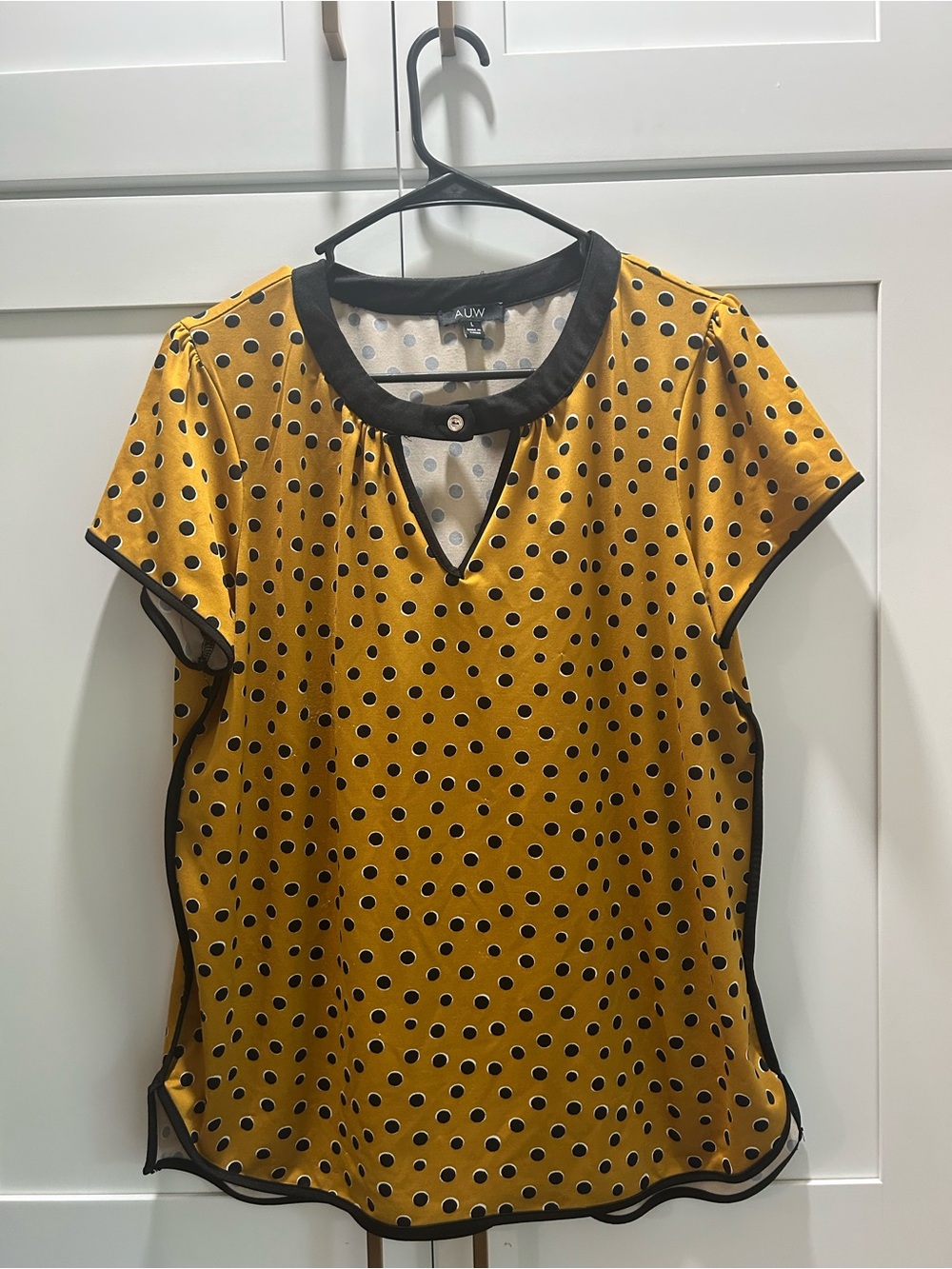 AUW Yellow Polka Dot Short Sleeve Blouse with Black Trim